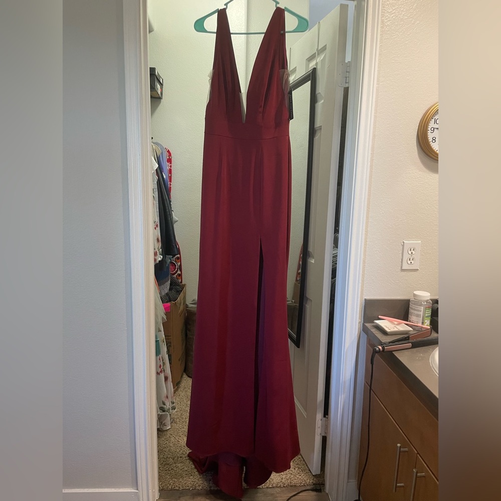 Burgundy René the Label gown with train